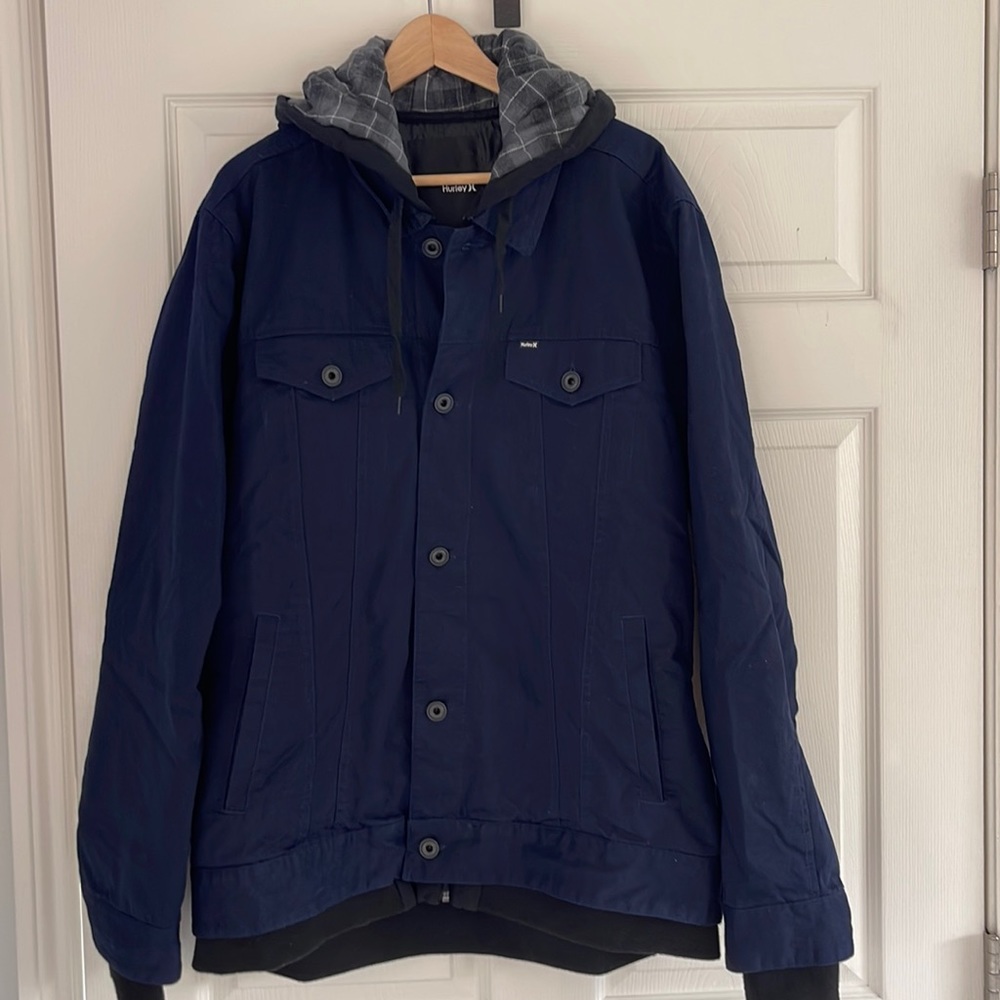Hurley Navy Heavy Hood Button up Coat with attached inner zipper closure Sz XL